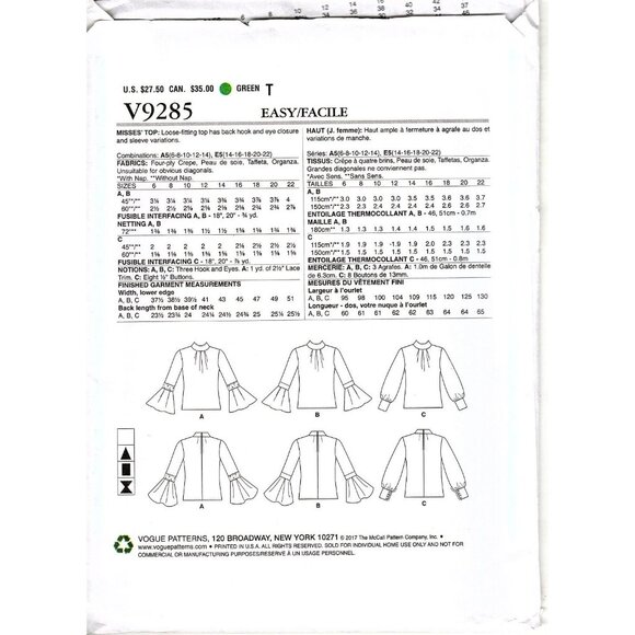 Vogue Patterns V9285 Misses 6 to 14 Blouse Uncut Sewing Pattern - Picture 2 of 2
